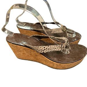 Tory Burch Thora Snakeskin Print Leather Cork Platform Wedge Flip Flops 9 M a14